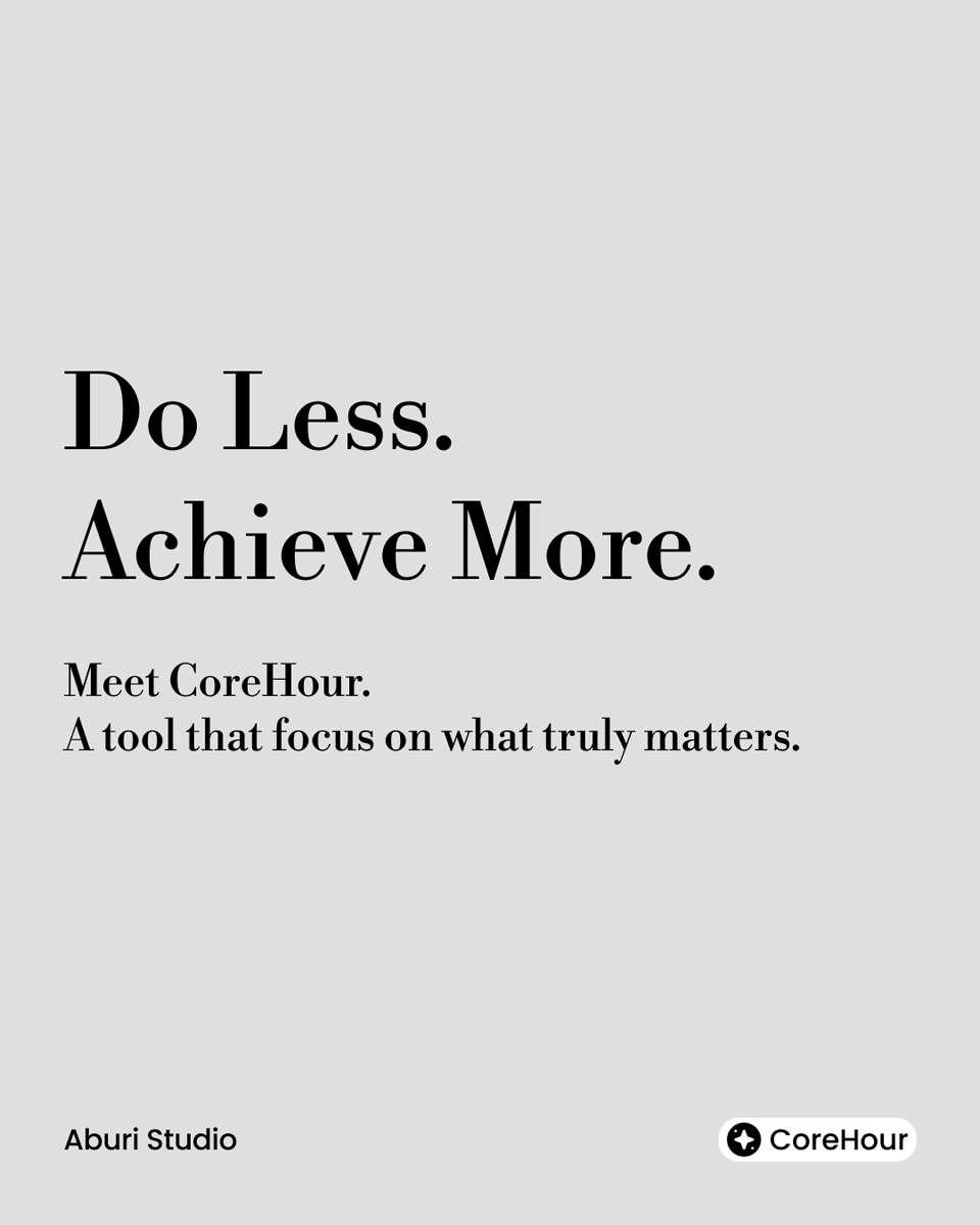AburiStudio's tweet photo. ✨ Do Less. Achieve More. 
Meet CoreHour. The app that helps you focus on the core tasks that drive real results. 

⏳ Take back your time. Join the waitlist today.
🔗 Link in bio

#productivity #timemanagement #paretoprinciple #focus #deepwork #indiework #freelancelife https://t.co/2Fvf2z2Flk