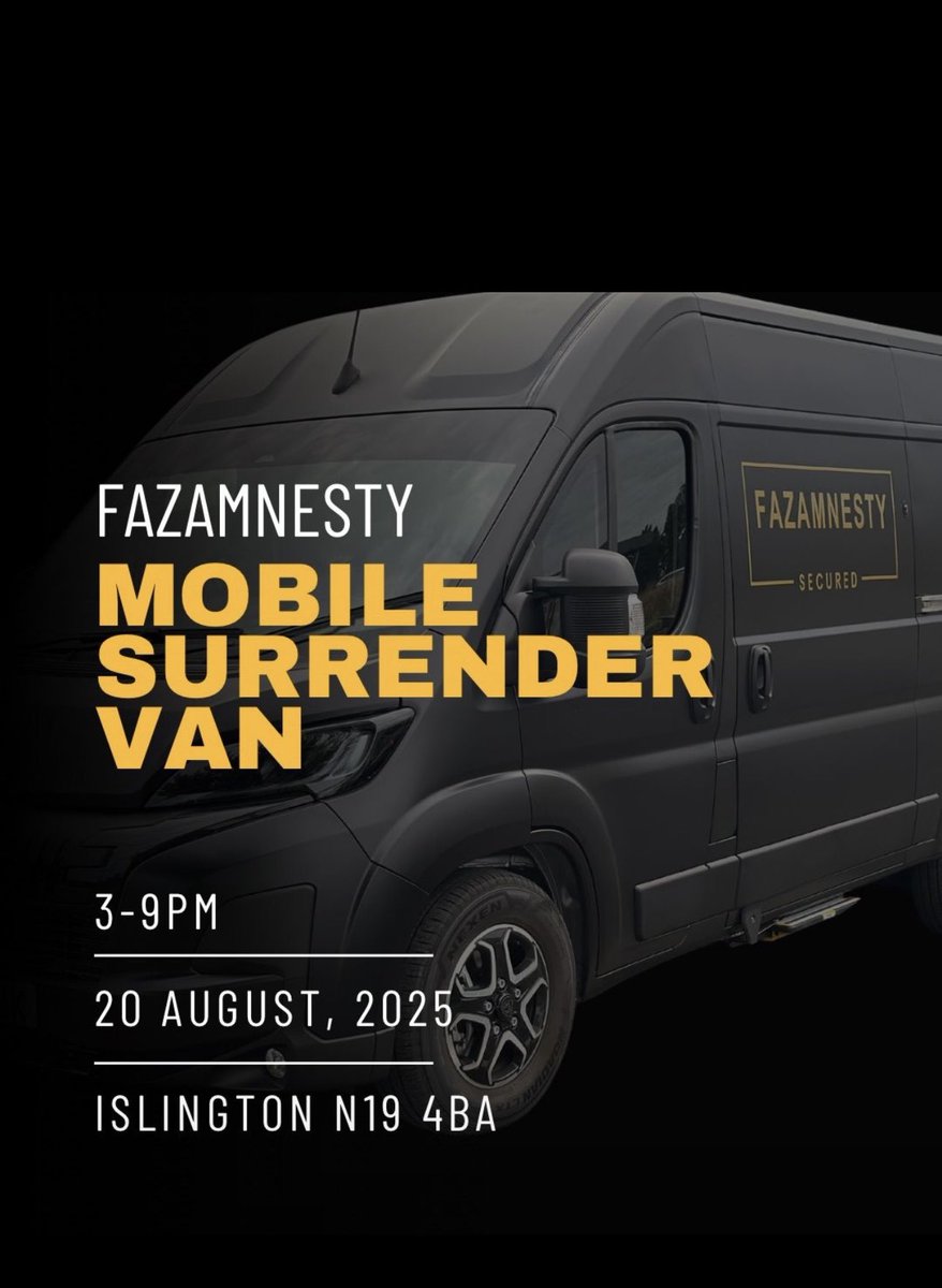 Great news @FazAmnesty is bringing the mobile surrender van to Islington this Wednesday! 🙌

Due to strong partnership working, we made it happen. 

Another step in building on Islington’s work to reduce knife crime.

📍Hazelville Road

Please share - no questions will be asked