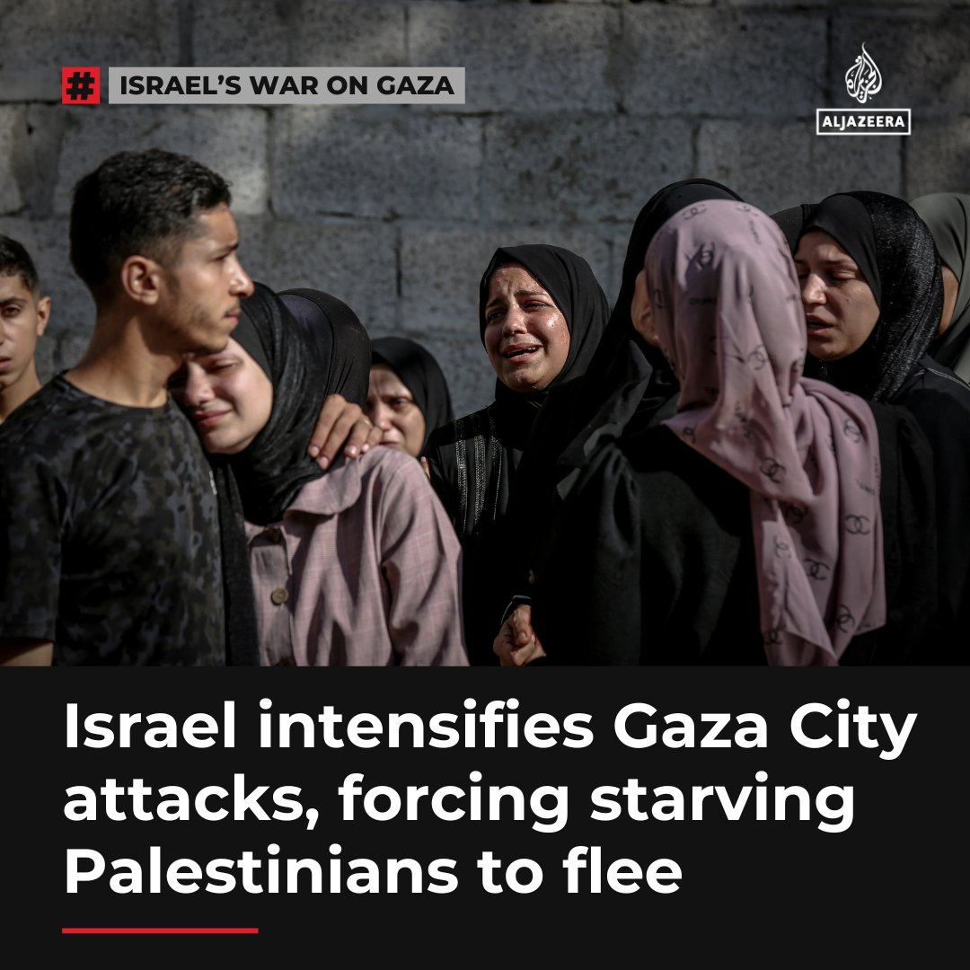 Israel’s military has stepped up attacks on Gaza City as part of its expanded assault aimed at seizing the last major population centre in the besieged enclave, forcing tens of thousands of starving Palestinians to flee again.

🔗: aje.io/ypz02n