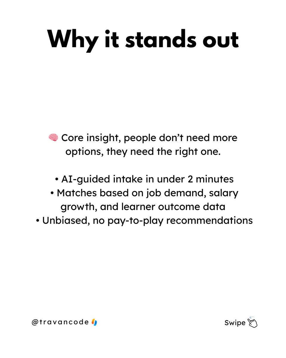 travancode's tweet image. #ProductSpotlight 10 | Choosing the right course can feel harder than the course itself.

#CourseCorrect helps learners cut through the noise by matching them with courses that move their careers forward – powered by #AI and real outcome data.