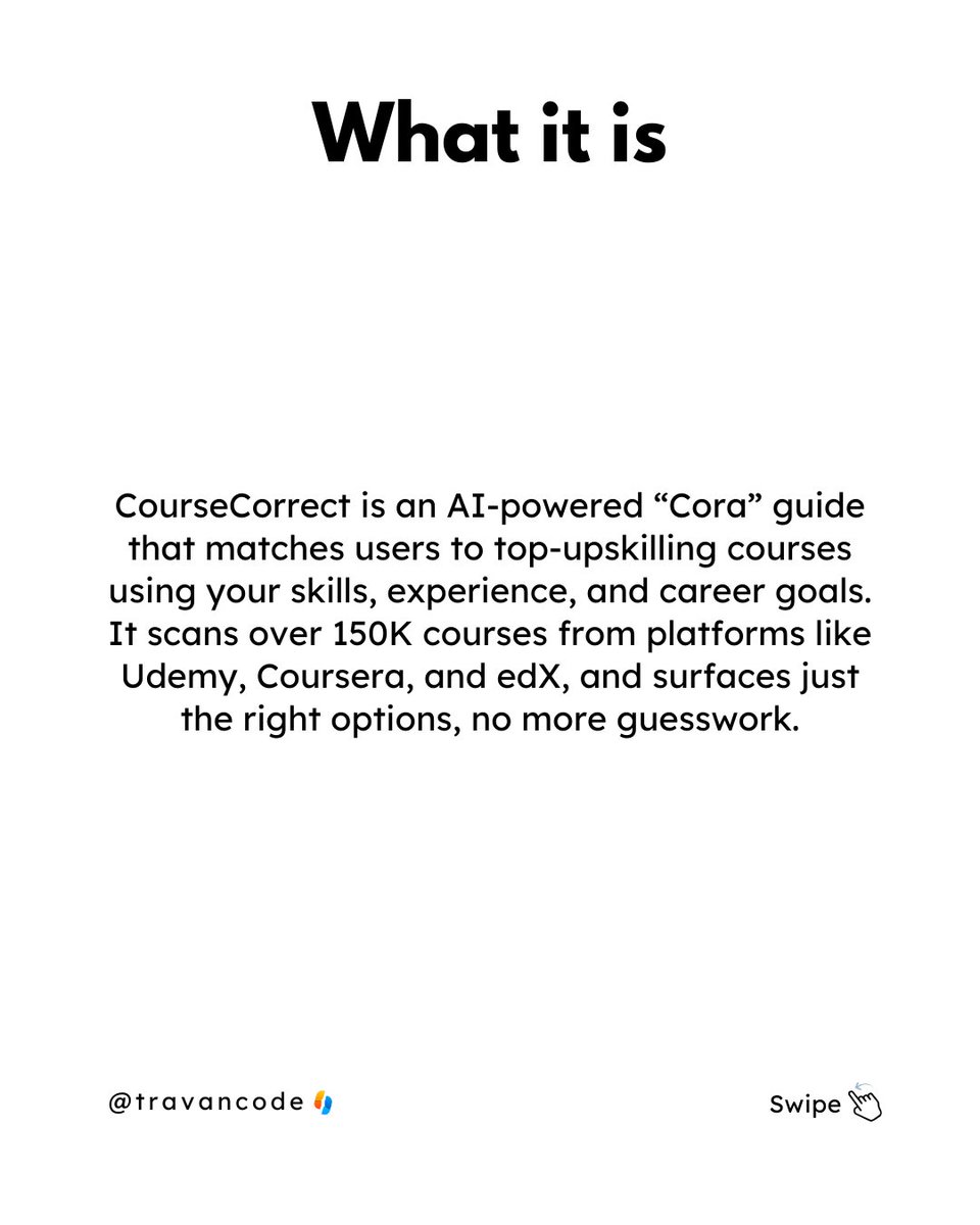 travancode's tweet image. #ProductSpotlight 10 | Choosing the right course can feel harder than the course itself.

#CourseCorrect helps learners cut through the noise by matching them with courses that move their careers forward – powered by #AI and real outcome data.