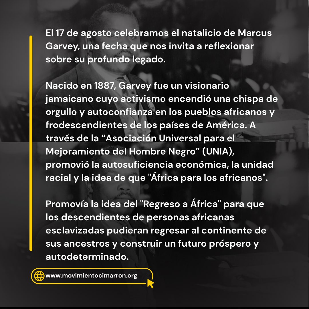 MovCimarron's tweet photo. Hoy celebramos el natalicio de Marcus Garvey 🇯🇲✊🏿. ¡Un líder que nos enseñó a mirar hacia África! 🌍✨ #MarcusGarvey #Orgulloafro #Panafricanismo
#Cimarrón https://t.co/uStgvMgYVC