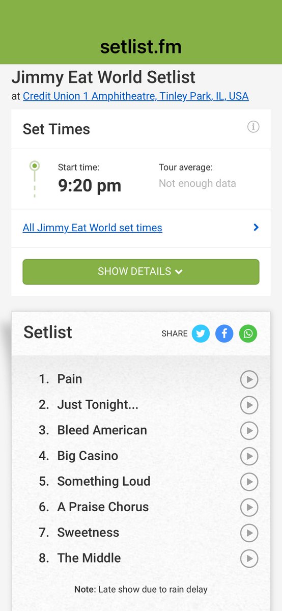 ELIGR3Y's tweet photo. @Nivek1314 @grrr_kitty_dis @CreditUnion1Amp @Nivek1314 with thousands of people waiting hours in cars they should’ve expected a bottleneck.

@jimmyeatworld cut their set, the majority of us were unable to see while waiting to enter or left because @CreditUnion1Amp’s roof is metal.

Here’s last night vs. the normal setlist: https://t.co/ccrzcxBun2