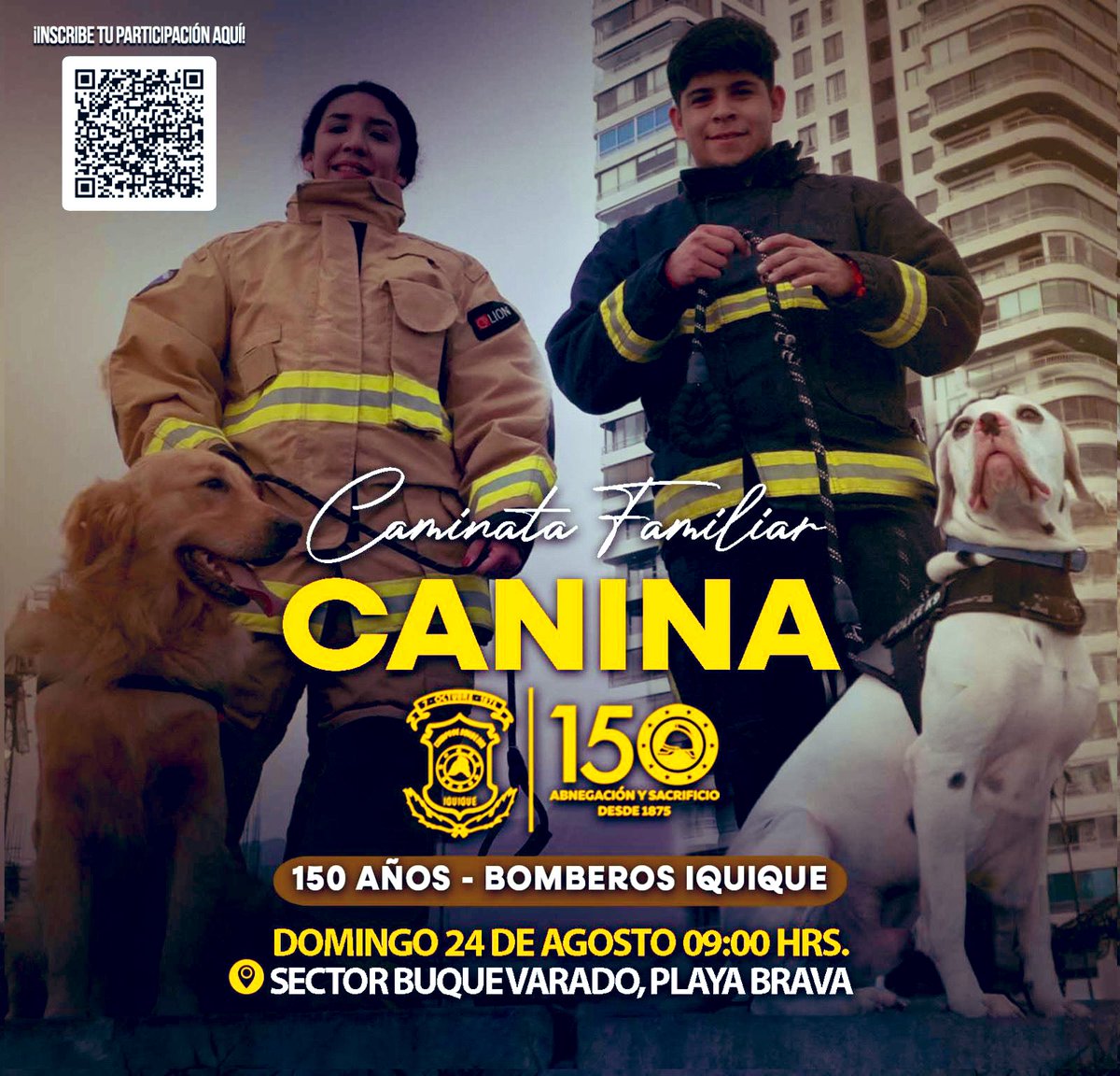 Este domingo 24 de agosto a contar de las 09:00 hrs. En sector Buque Varado. Acompáñenos en la Caminata Familiar Canina. “150 años de Bomberos Iquique”.
Ven con tu familia a disfrutar de una entretenida mañana.
¡No te lo Pierdas! 
#Iquique #BomberosIquique #150Años