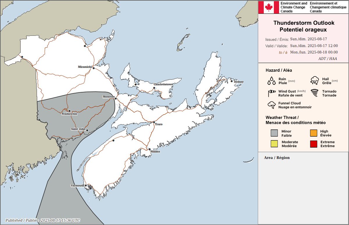 ECCCWeatherNB's tweet image. ⛈️Here is the Thunderstorm Outlook for the Maritimes valid for today and tonight. #NBStorm