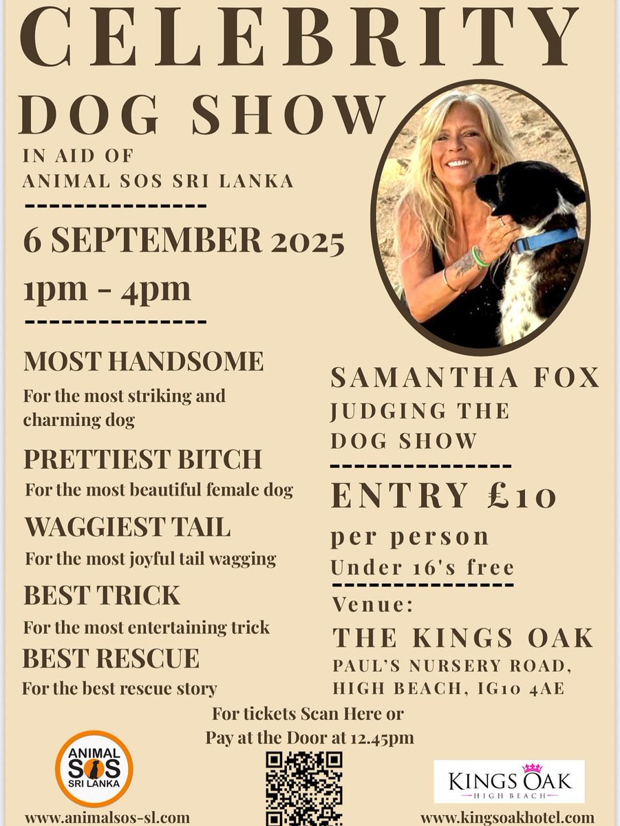 I’m excited to invite you all to join me at the Celebrity Dog Show in aid of Animals SOS Sri Lanka! We’ll be at King’s Oak in High Beach, right in the lovely Epping Forest, on Saturday, the 6th of September.
Can’t wait to see you there!

Link to enter: asajpdzu.donorsupport.co/page/FUNSUKJLS…