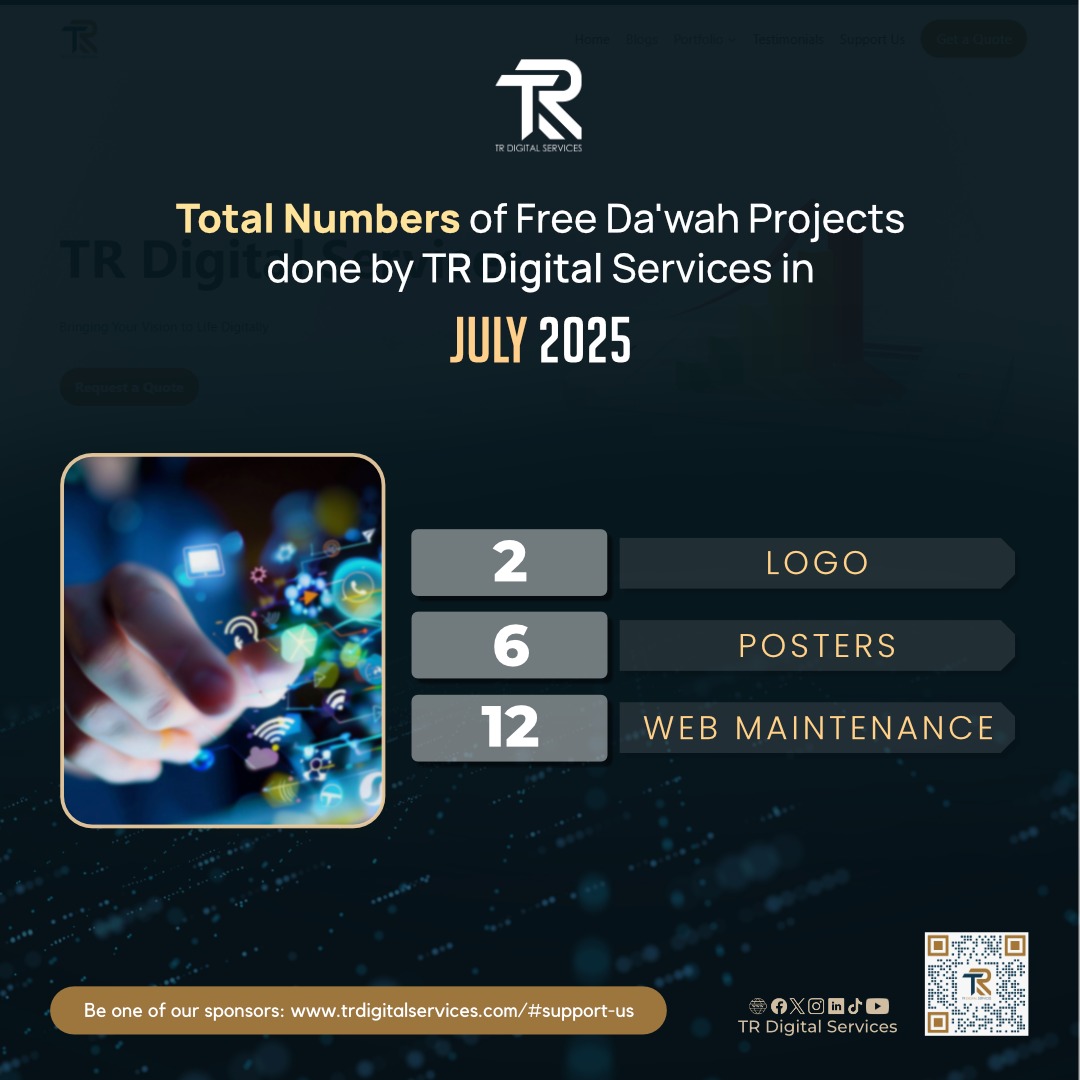 TRDigitalSrvcs's tweet image. Alhamdulillah 🤲 In July 2025, TR Digital Services delivered 20+ free Da’wah projects:
✨ 2 Logos
🖼️ 6 Posters
🛠️ 12 Web Maintenances

Your support fuels this work 💡 — Be a sponsor today!
👉 trdigitalservices.com/#support-us

#TRDigitalServices #Dawah #SadaqahJariyah #DigitalForIslam