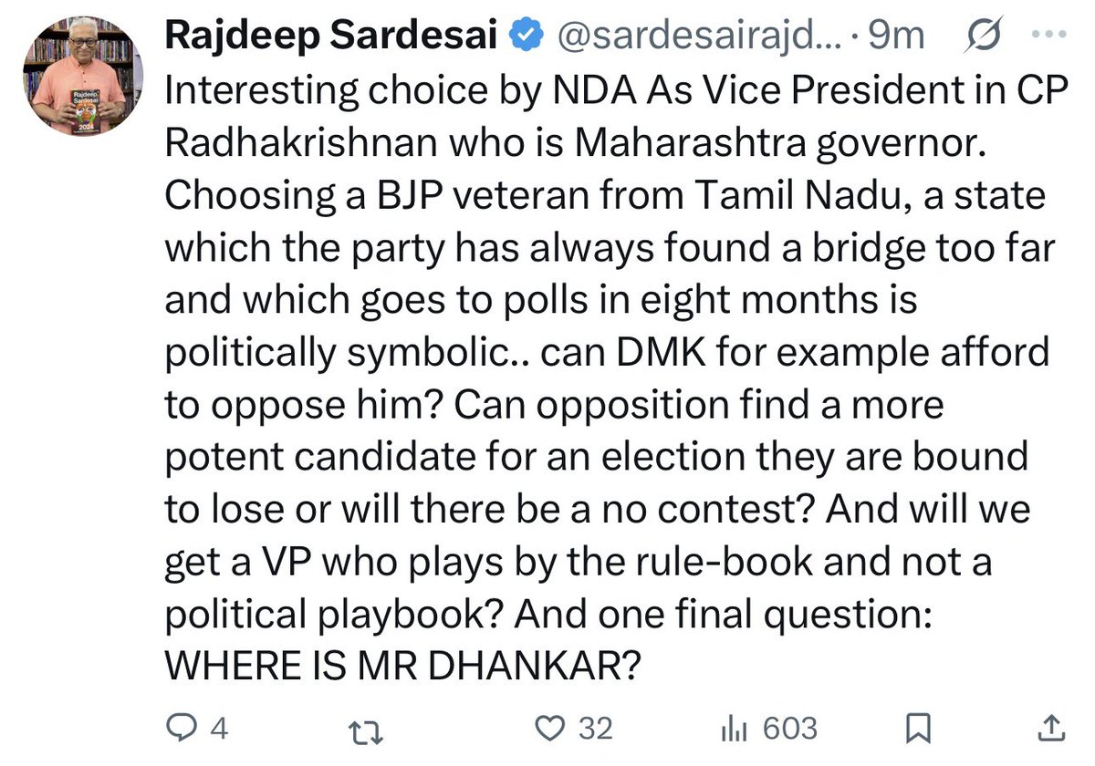 The fact that VP candidate is a staunch RSS man, makes it easy for DMK to oppose his candidature. And any non RSS person is a better candidate and it makes life of opposition easy too! (it’s for registering a protest ofcourse) I also think BJP gains nothing in TN from this move!