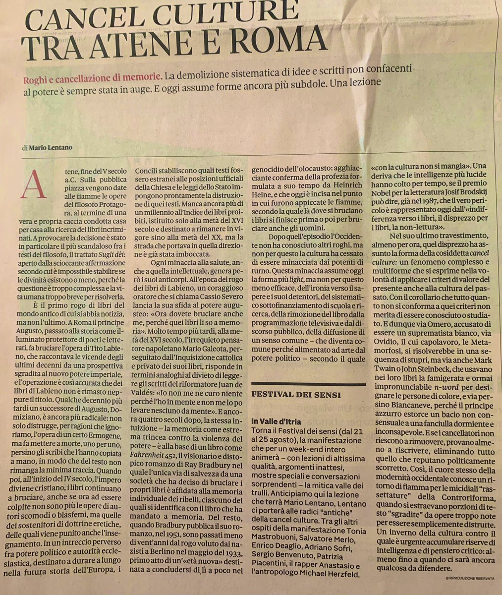 Bell’incipit per un ahimè fiacco articolo odierno su classici e cancel culture (tema che M. Lentano ha più volte affrontato, forse con meno efficacia di altri: p. es. Giusto Traina).
Però su Protagora e libertà intellettuale a Atene meglio tuttora le cautele di K. J. Dover (1976)