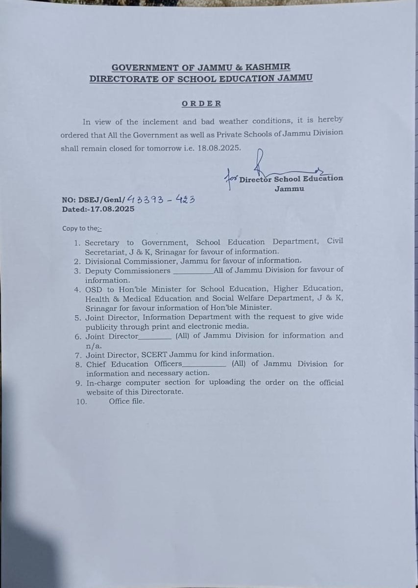 PscCwc's tweet image. DSEJ issued order for closure of schools on 18-08-2025 due to inclement weather