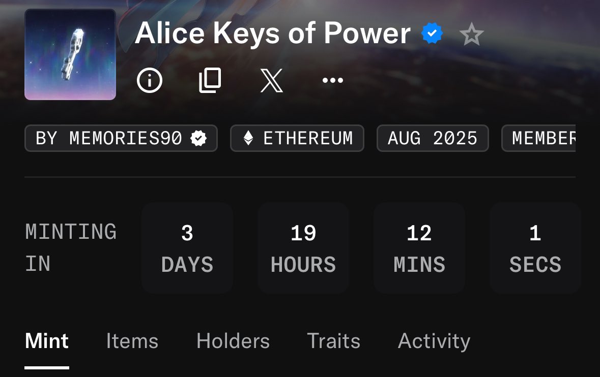 OpenSea countdown for Alice Keys of Power NFT drop