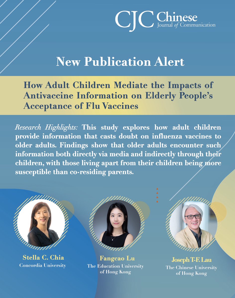 New pub alert! 

Chia, Lu, and Lau published a new paper, exploring how adult children provide information that casts doubt on influenza vaccines to older adults. 

Read here: doi.org/10.1080/175447…