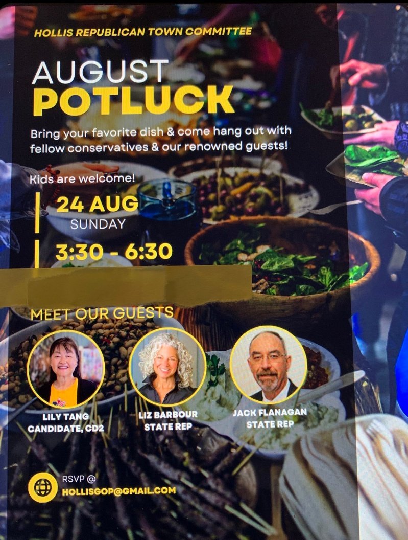 The Hollis Republican Town Committee is having a Pot Luck on Sunday August 24 3:30. We have some special guests coming. RSVP to for location. #Hollis #NH #NHPolitics signupgenius.com/go/20F0A4FACAD…
