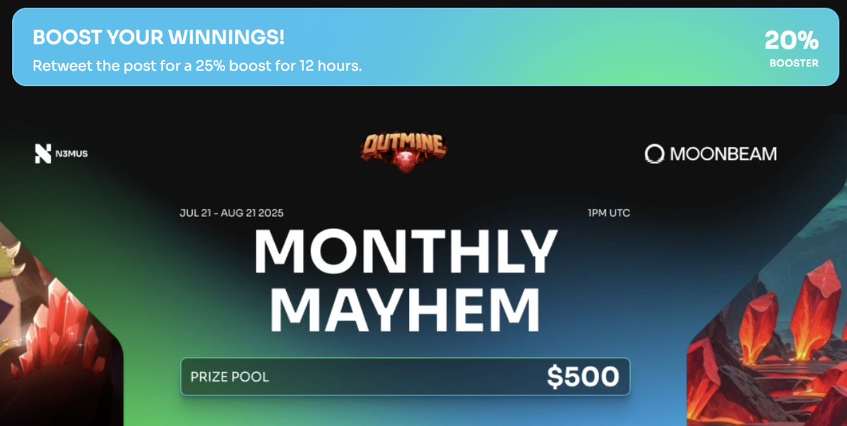 Outmine (@playoutmine) on Twitter photo Boost your score now! π°
Monthly Mayhem #1 on <a href="/N3musFdn/">N3MUS</a> is still ON!
π $500 | Top 40 win
π₯Now you can get 25%+ BOOST on your score! π₯
How to Boost:
1οΈβ£ Go to our monthly tournament here πn3mus.com/tournaments/moβ¦
2οΈβ£ Go to the Missions Tab
3οΈβ£ For 20% - Complete the "Boost Boost your score now! π°
Monthly Mayhem #1 on <a href="/N3musFdn/">N3MUS</a> is still ON!
π $500 | Top 40 win
π₯Now you can get 25%+ BOOST on your score! π₯
How to Boost:
1οΈβ£ Go to our monthly tournament here πn3mus.com/tournaments/moβ¦
2οΈβ£ Go to the Missions Tab
3οΈβ£ For 20% - Complete the "Boost