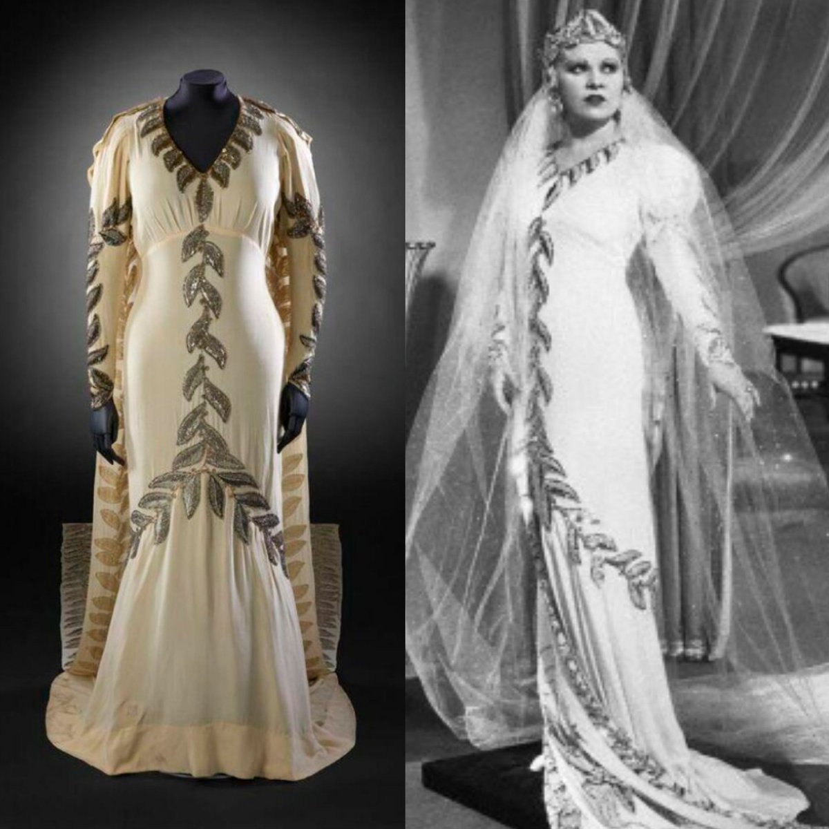 American actress and playwright Mae West was born #OnThisDay in 1893. She wore this Travis Banton designed cream silk bias-cut wedding gown with a train embellished with sequins, beads, and diamante, as Tira in I'm No Angel (1933). <a href="/V_and_A/">V&A</a> collection. #film #costume #dress