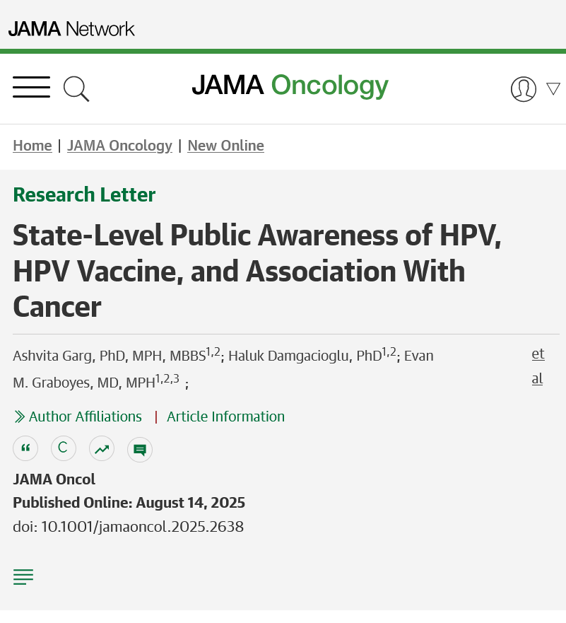 JAMAOnc's tweet photo. Public awareness of #HPV, its vaccine, and its #cancer links is low in the US, especially in the Midwest and South, contributing to suboptimal vaccination rates in these regions. https://t.co/b0LYZ69Scx @ashish_deshmuk https://t.co/Nb84d2uFOV