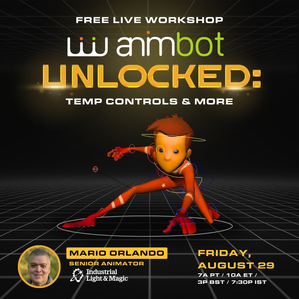 AnimationMentor's tweet photo. Attention Animators! Struggling with character or prop constraints? Learn how to use animBot’s Temp Control tools in this free live workshop. Taught by ILM Senior Animator Mario Orlando.🔑🔓
Register today: https://t.co/549KfTrk9Z
#animationworkshop #3danimation #animbot https://t.co/YHNkT3Zm1b