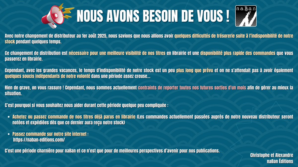 🛑 Informations importantes 🛑

Quelques soucis indépendants de notre volonté viennent se greffer aux délais un peu plus longs liés à notre changement de distributeur, entraînant quelques contraintes budgétaires et ajustements nécessaires pour la suite…

Nous vous prions de bien