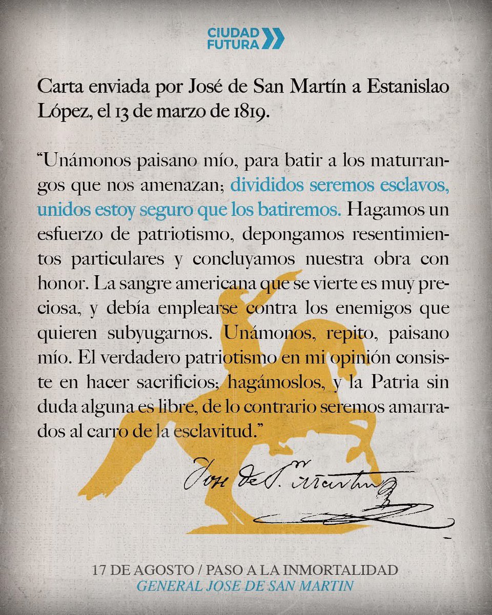 Un 17 de agosto de 1850 pasaba a la inmortalidad el general José de San Martín, figura clave para nuestro país y nuestra patria grande. 

Seguimos su legado de lucha patriótica reafirmando sus valores de unidad y fraternidad frente a quienes intentan dividir y someternos  ✊🏼