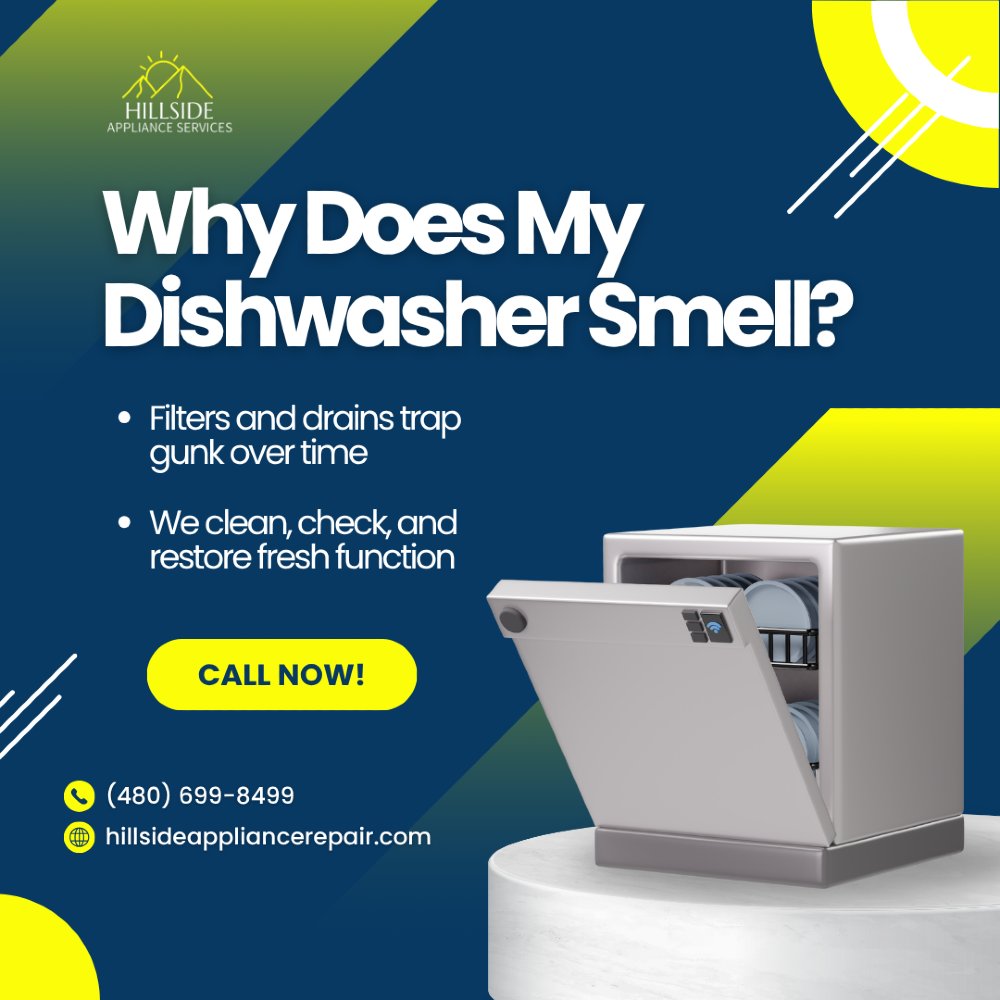hillsideaz's tweet photo. "Why does my dishwasher smell weird after a cycle?"

 It’s usually trapped food particles or mold in the filter or drain.

Running a vinegar rinse, cleaning the filter, and leaving the door cracked after use can help eliminate odor.

Still smells funky?

We’ll inspect it thoroughly.

Book now at https://t.co/JoyAFKZ0Ev or call (480) 699-8499.

#DishwasherFAQ #HomeownerQuestions #PhoenixApplianceHelp #ScottsdaleKitchenFix #WeirdSmellsFixAZ #FilterTips #HillsideAnswers #DishwasherCare