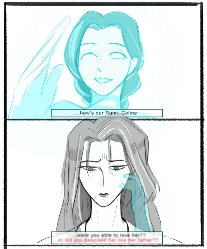 regret forming into hallucinations. 
gawd celine's lore with miyeong is just **chefs kiss**. also hc rumi's loopsided grin is from her mother
#KPOPDEMONHUNTER #celine #miyeong