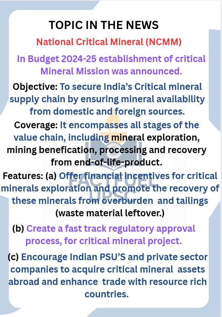 factfuelUPSC's tweet photo. Mineral Mission (NCMM) to secure resources for the future! From exploration to processing, a strong step towards Atmanirbhar Bharat. #factfuel #vicepresidentelection #munars #CCTV #Arsenal https://t.co/Ecp6n6wmMP
