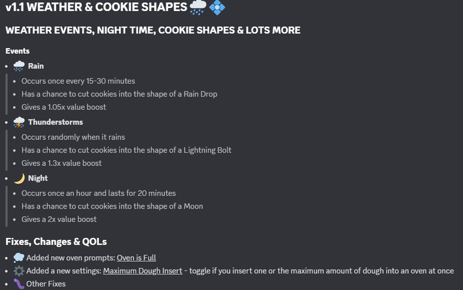 ☀️🌧️ v1.1 is LIVE for #CookACookie! 🍪

New Weather Events are here — watch as your cookies get cut into unique shapes! ✨

Bake smarter, flex harder, and discover all the new designs 👀

🎮 Play now: roblox.com/games/13080973…
💬 Discord: discord.gg/UHv2gfdsbC