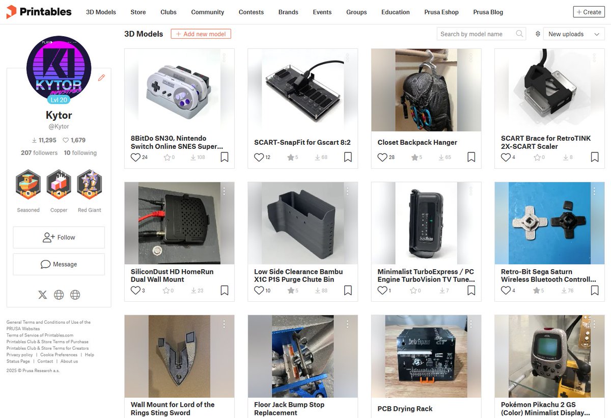 A reminder that I have a large assortment of models posted for free on Printables. Controller stands, SCART accessories, functional prints, and more. Check it out.

printables.com/@Kytor/models

Retweets appreciated to help get the word out! Thanks everyone.