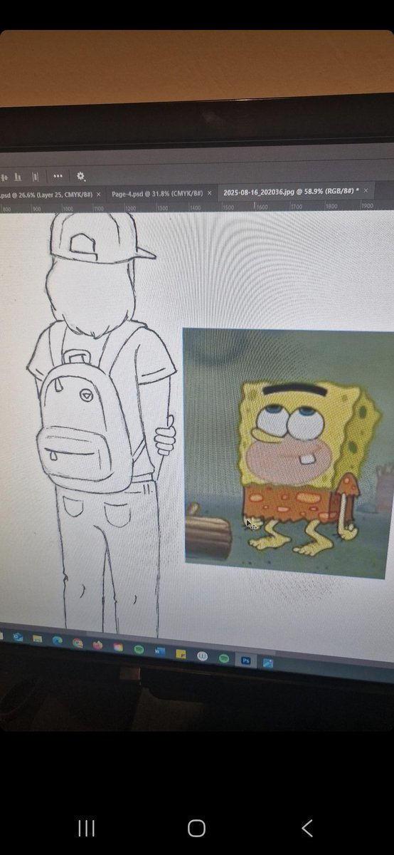 SarahLoweez's tweet photo. I was drawing a panel for my new graphic novel and I dunno the backpack is giving Cave Bob 😂
#comics #spongebob #drawing #graphicnovel https://t.co/NWqQKOtASD