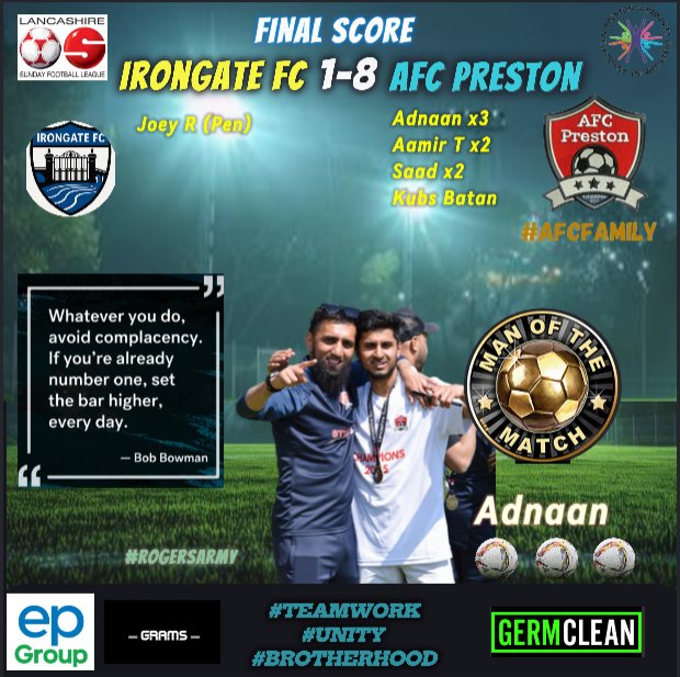🔥 FT: Irongate 1-8 AFC Preston

Solid shift from the lads in the heat ☀️

Respect to Irongate <a href="/BBUFC_s/">IRONGATE FC</a>, they never gave up or stopped running despite going down to 10 men 🤝

⚽️ Saad x2
⚽️ Adnaan x3 (MoM 🔥)
⚽️ Aamir T x2
⚽️ Khubaib B

#AFCFamily #Brotherhood #RogersArmy