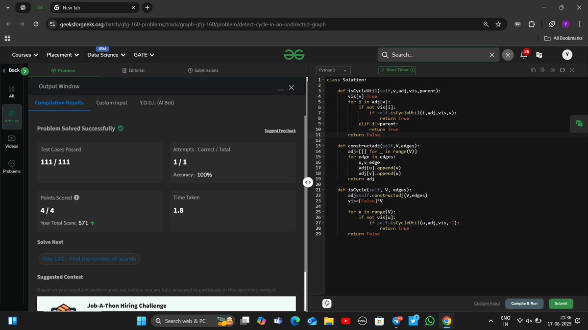 YashRajSingh098's tweet photo. Day 141 of 160
#160DaysofDSA
Topic - Graph
Problem Name - Undirected graph cycle
Difficulty - Medium
Time Complexity - O(v+e)
Space Complexity - O(v)
@geeksforgeeks
#gfg160 #geekstreak2025 https://t.co/dgMqCbyFkj
