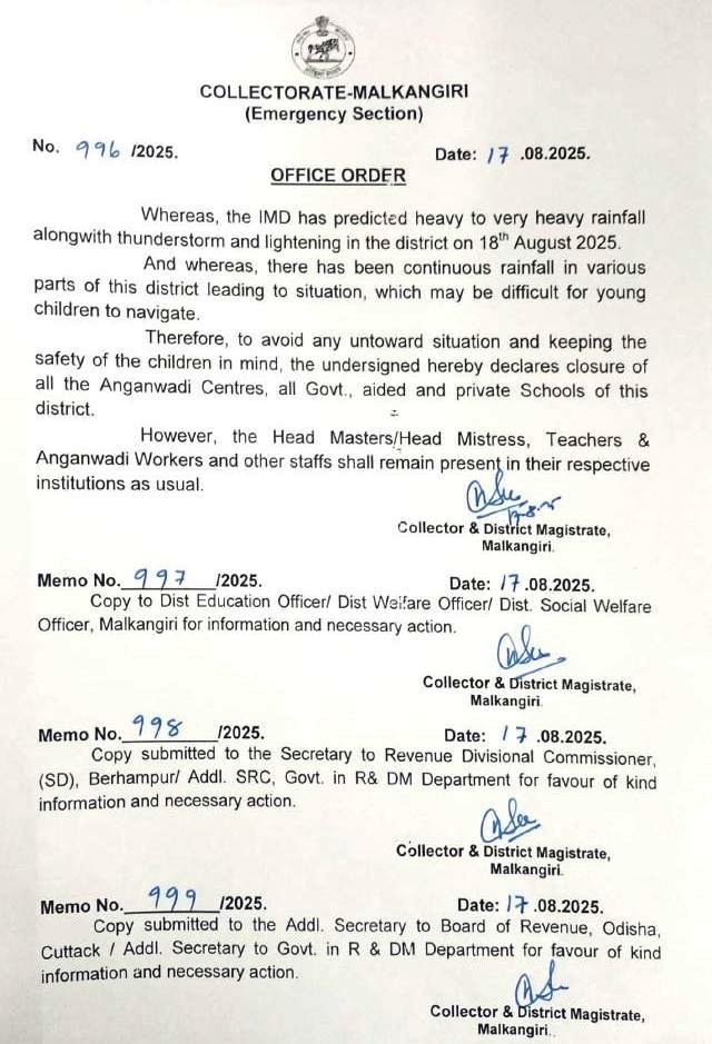 otvnews's tweet image. #Malkangiri | With IMD predicting heavy to very heavy rainfall along with thunderstorm and lightning in the district, Collector declares closure of all schools (both Govt &amp;amp; Private) &amp;amp; Anganwadi Centres on Monday.

#Odisha
