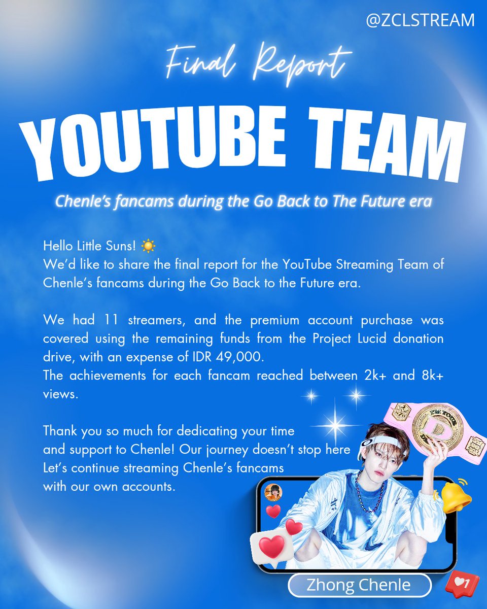 ZCLSTREAM's tweet image. Hello Little Suns! ☀️

We’d like to share the final report for the YouTube Streaming Team of Chenle’s fancams during the Go Back to the Future era.

#BeautifulTimeWithCHENLE
#LilsunsOnYoutube