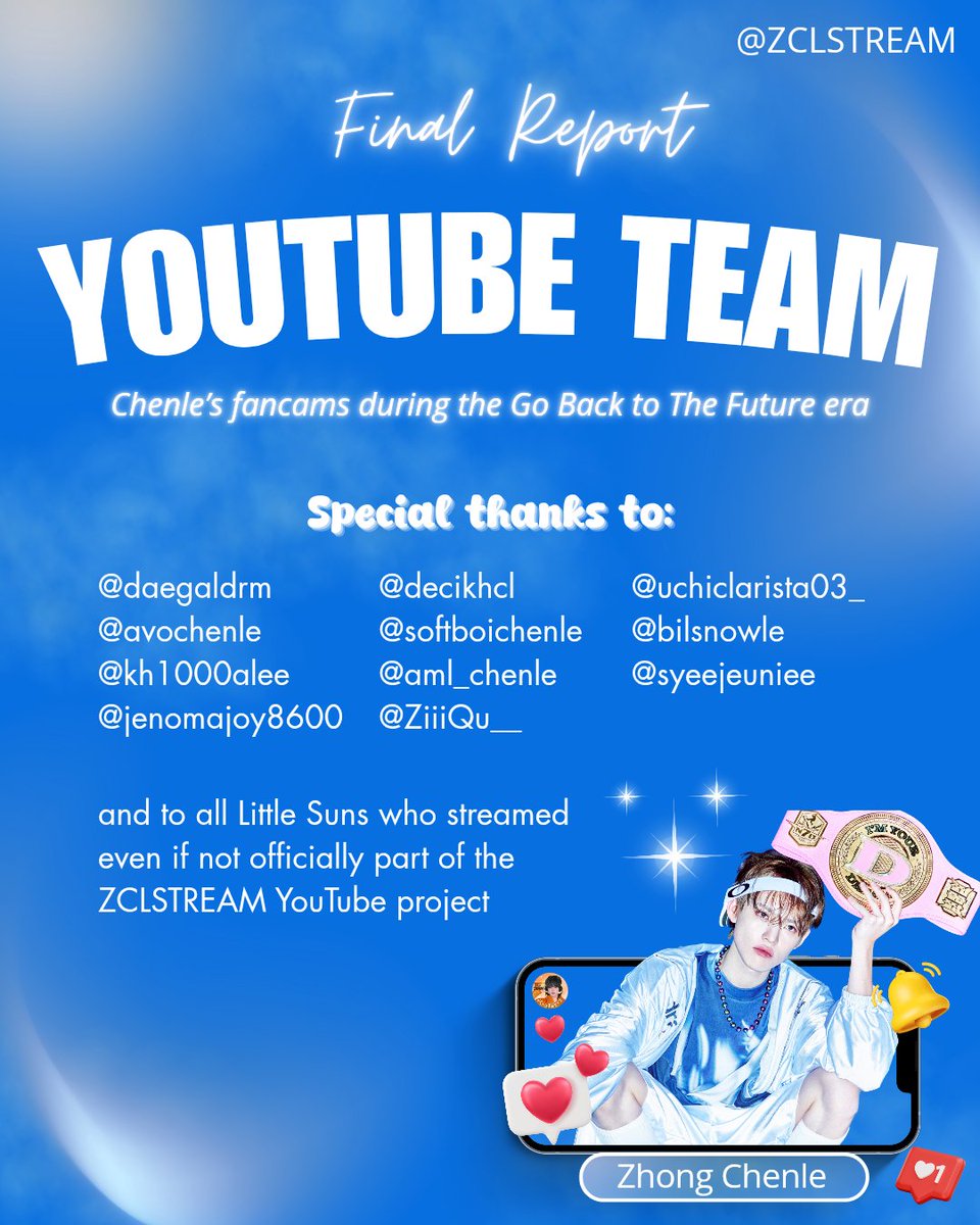 Hello Little Suns! ☀️

We’d like to share the final report for the YouTube Streaming Team of Chenle’s fancams during the Go Back to the Future era.

#BeautifulTimeWithCHENLE
#LilsunsOnYoutube