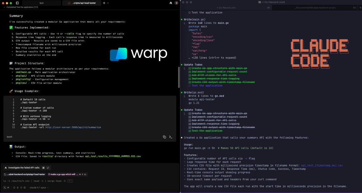 I needed to do a simple test app with <a href="/aibackends/">AI Backends</a> and see how the APIs perform

So I asked <a href="/warpdotdev/">Warp</a> and Claude Code to make me a <a href="/golang/">Go</a> app which calls the Summarization API multiple times and save results into a csv file

Here are my comparisons:

- Claude Code finished