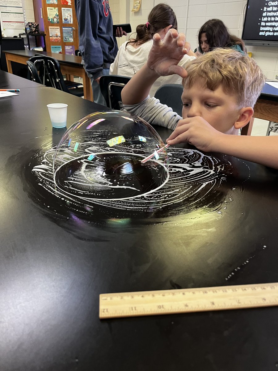 DrNFletcher's tweet photo. Mrs. Rush’s 8th grade science scholars completed a bubble lab! They applied their knowledge of Scientific Method &amp; lab safety practices to test different solutions to see which produced the biggest &amp; longest lasting bubbles. They recorded measurements while creating a data table. https://t.co/DsCtr4mw9P