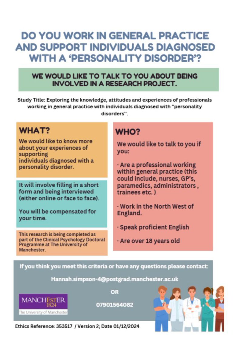 🔊🔊Are you a professional working in general practice in the Northwest of England? 

Participants are required with  experience working with people with a diagnosis of ‘personality disorder’. All roles welcome! 

Please get in touch : Hannah.simpson-4@postgrad.manchester.ac.uk
