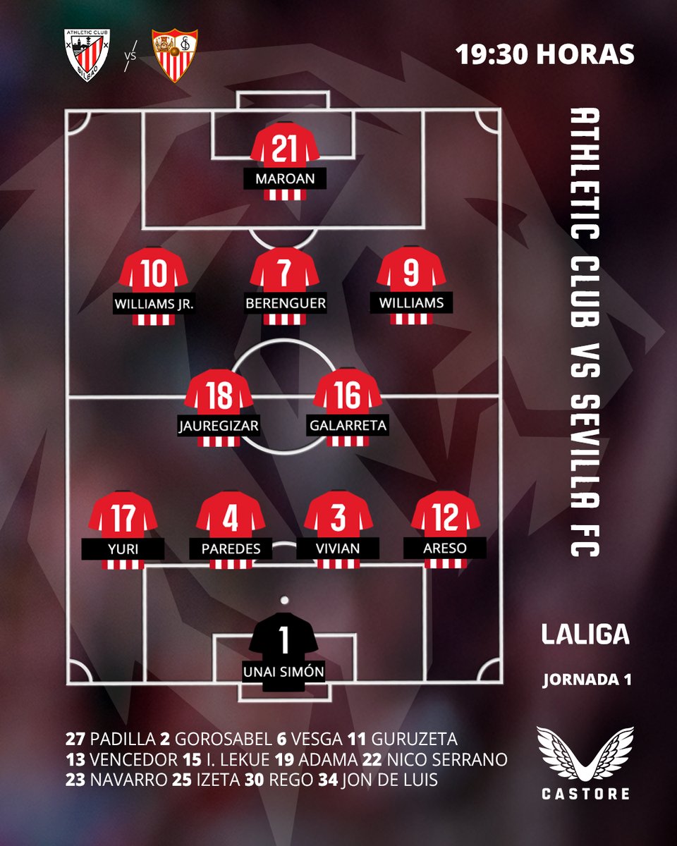 🥁 𝗔𝗟𝗜𝗡𝗘𝗔𝗖𝗜𝗢́𝗡 🆚 <a href="/SevillaFC/">Sevilla Fútbol Club</a>
 
¡Con este equipo arrancamos <a href="/LaLiga/">LALIGA</a>! 

#AthleticSevilla #AthleticClub 🦁