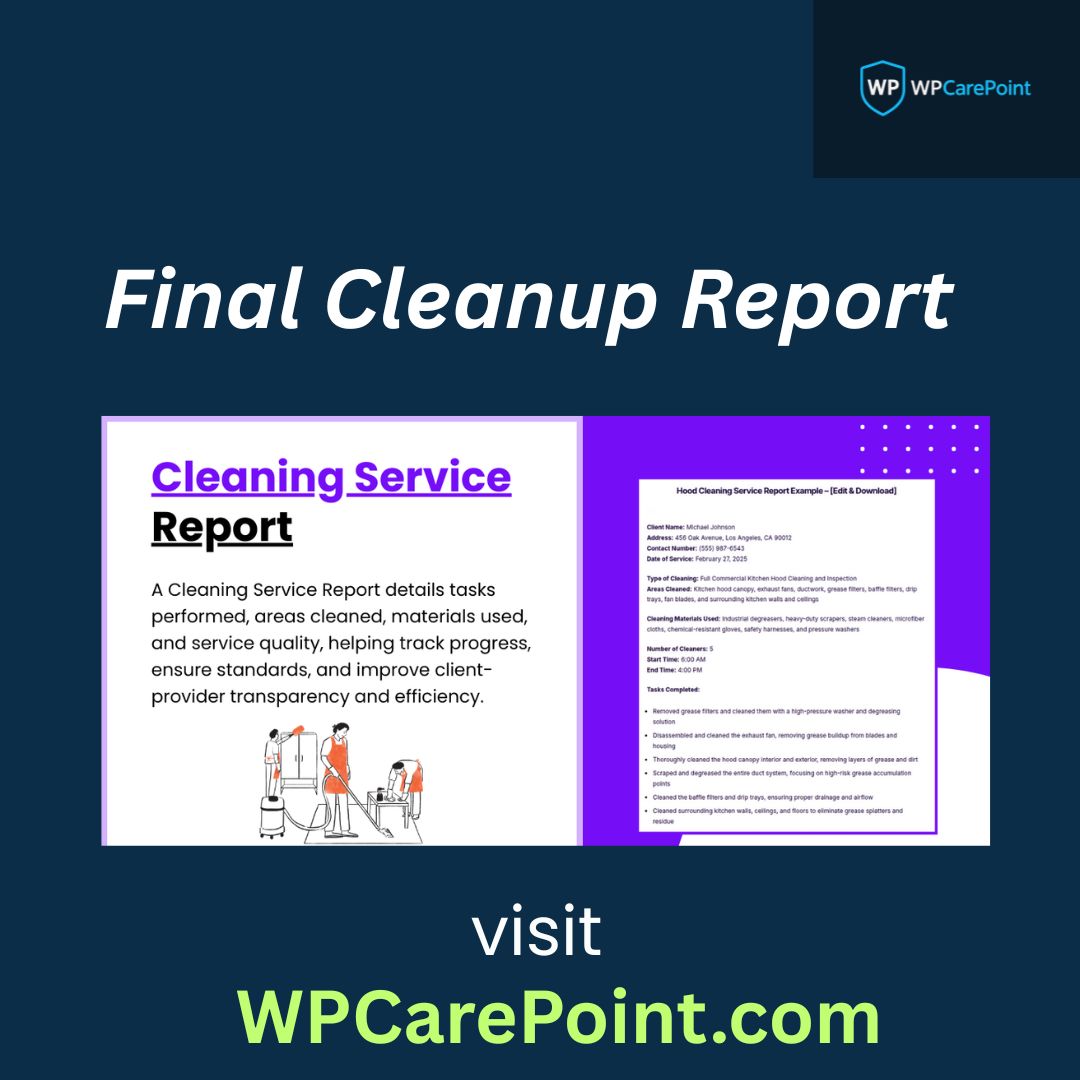 WPCarePoint's tweet image. Perfect for records, clients, and compliance.
Ensure your project ends with a detailed &amp;amp; accurate Final Clean Up Report perfect for clients, records, and compliance.

 Free Consultation: Book Here
wpcarepoint.com
#cleanupreport #CleanUpReport #ProjectReport #BusinessSolu