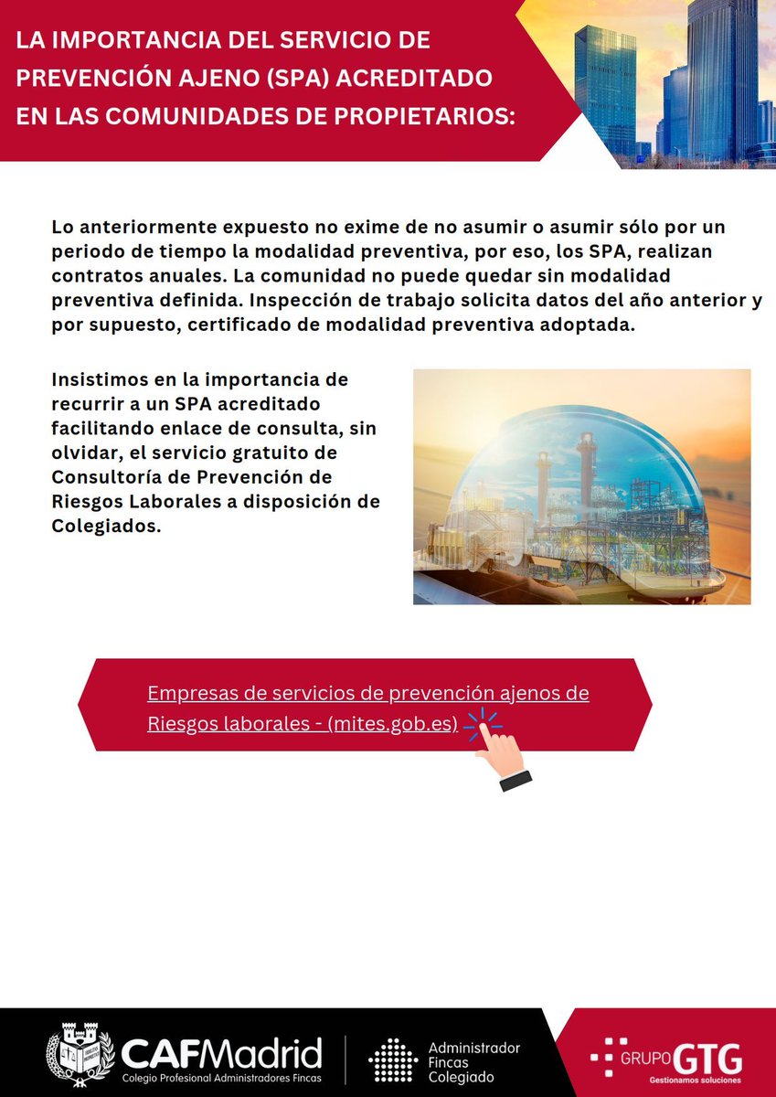 💡 ¿Por qué es fundamental para las comunidades de propietarios disponer de un Servicio de Prevención Ajeno (SPA) acreditado?

Las CCPP tienen obligatoriamente que recurrir a una modalidad preventiva de conformidad con el artículo 10 del R.D. 37/1997 de 17 de enero, por el que se