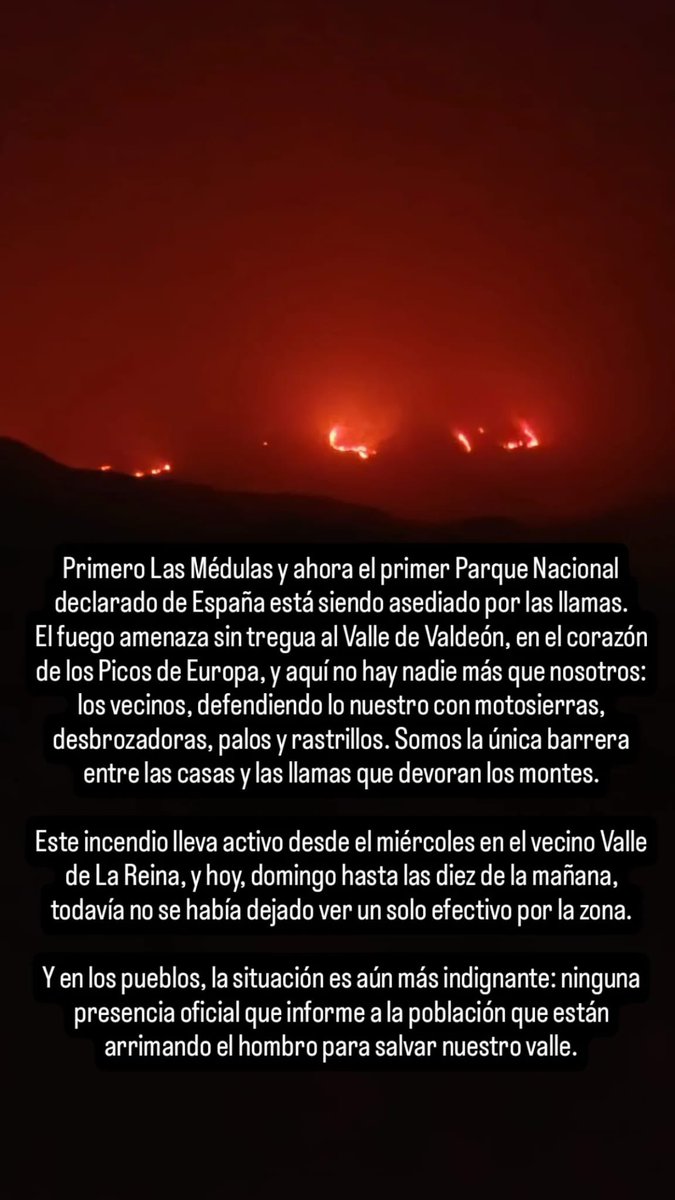 ClaraMatute's tweet photo. #Valdeón está en riesgo extremo. Sería un buen momento para enviar aviones cisterna, o helicópteros o cualquier ayuda que no sea los vecinos y vecinas con lo que tienen en casa. @jcyl @consejeromavcyl @alferma1 @UMEgob @desdelamoncloa @sanchezcastejon @DGCyL https://t.co/RrcKTXXSYA