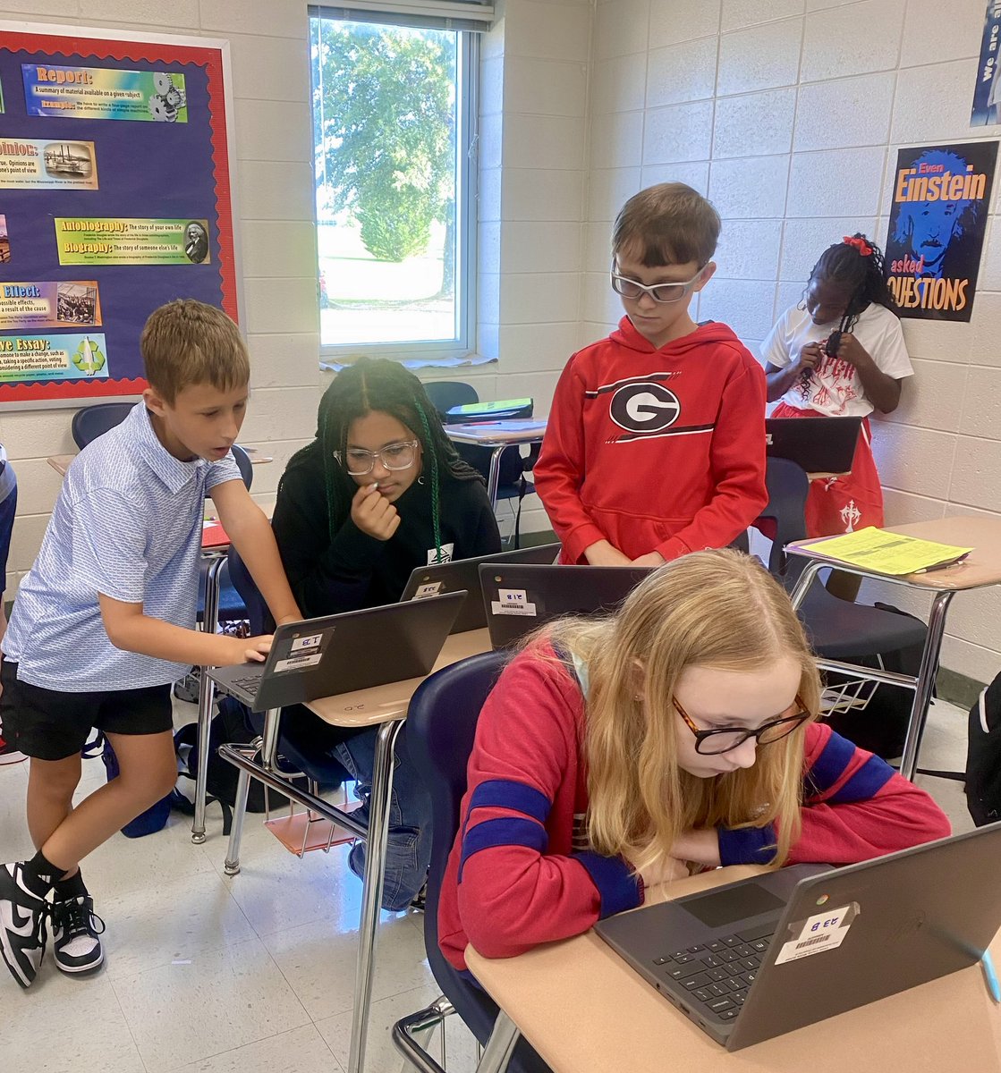 DrNFletcher's tweet photo. Students are working hard in Mrs. Cox and Mrs. McDuffie’s 6th grade classes to discover the answers for the RACES Escape Room. https://t.co/dMMz9AZmLd