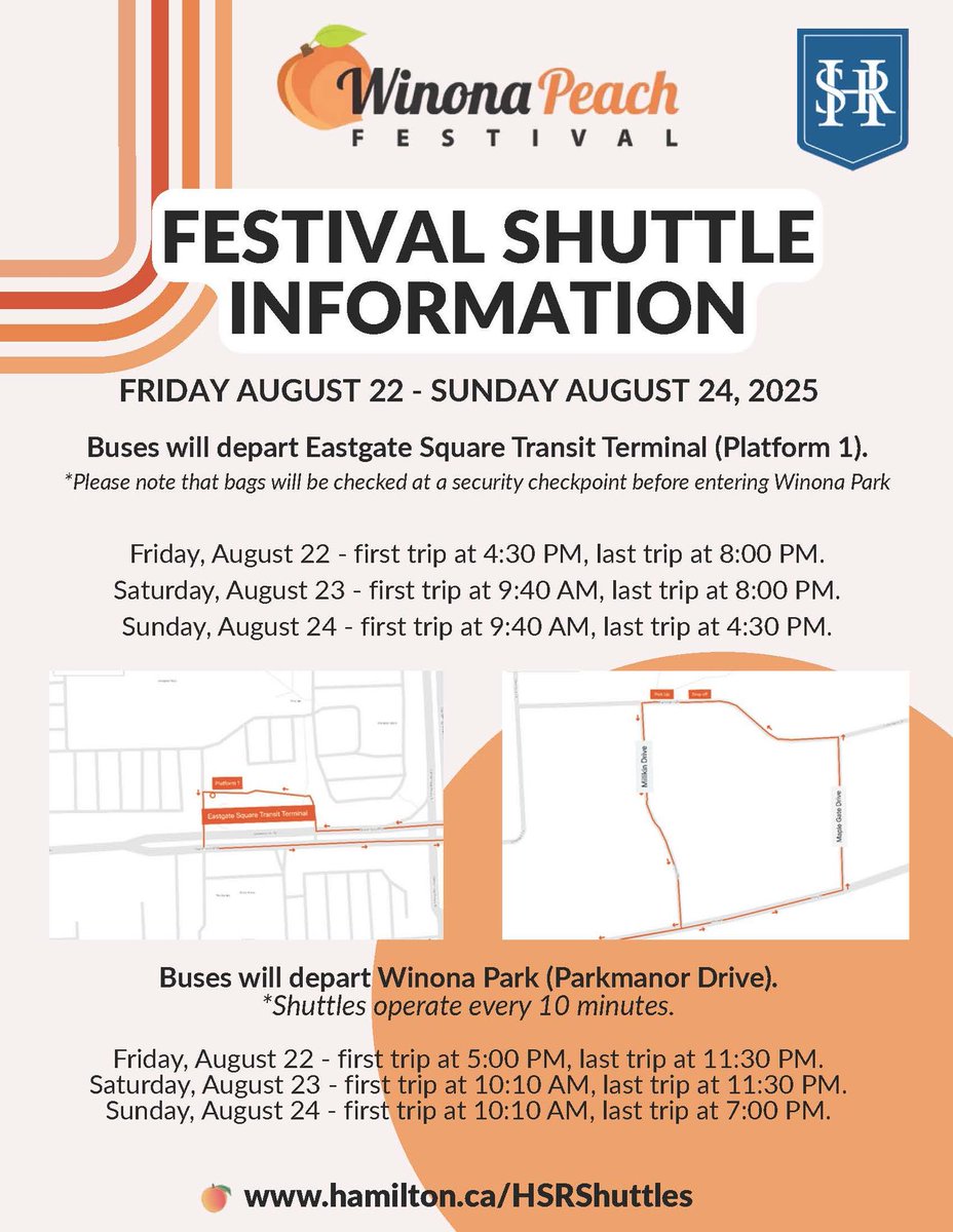 WinonaPeachFest (@winonapeachfest) on Twitter photo Planning your trip to the Winona Peach Festival?
Take the FREE <a href="/hsr/">Hamilton Street Railway</a> shuttle! Bring a non-perishable item for Salvation Army located at Eastgate Square or for The Stoney Creek Community Food Bank located at the Festival. #wpf2025 #wpfpeachyride winonapeach.com/directions-par… Planning your trip to the Winona Peach Festival?
Take the FREE <a href="/hsr/">Hamilton Street Railway</a> shuttle! Bring a non-perishable item for Salvation Army located at Eastgate Square or for The Stoney Creek Community Food Bank located at the Festival. #wpf2025 #wpfpeachyride winonapeach.com/directions-par…