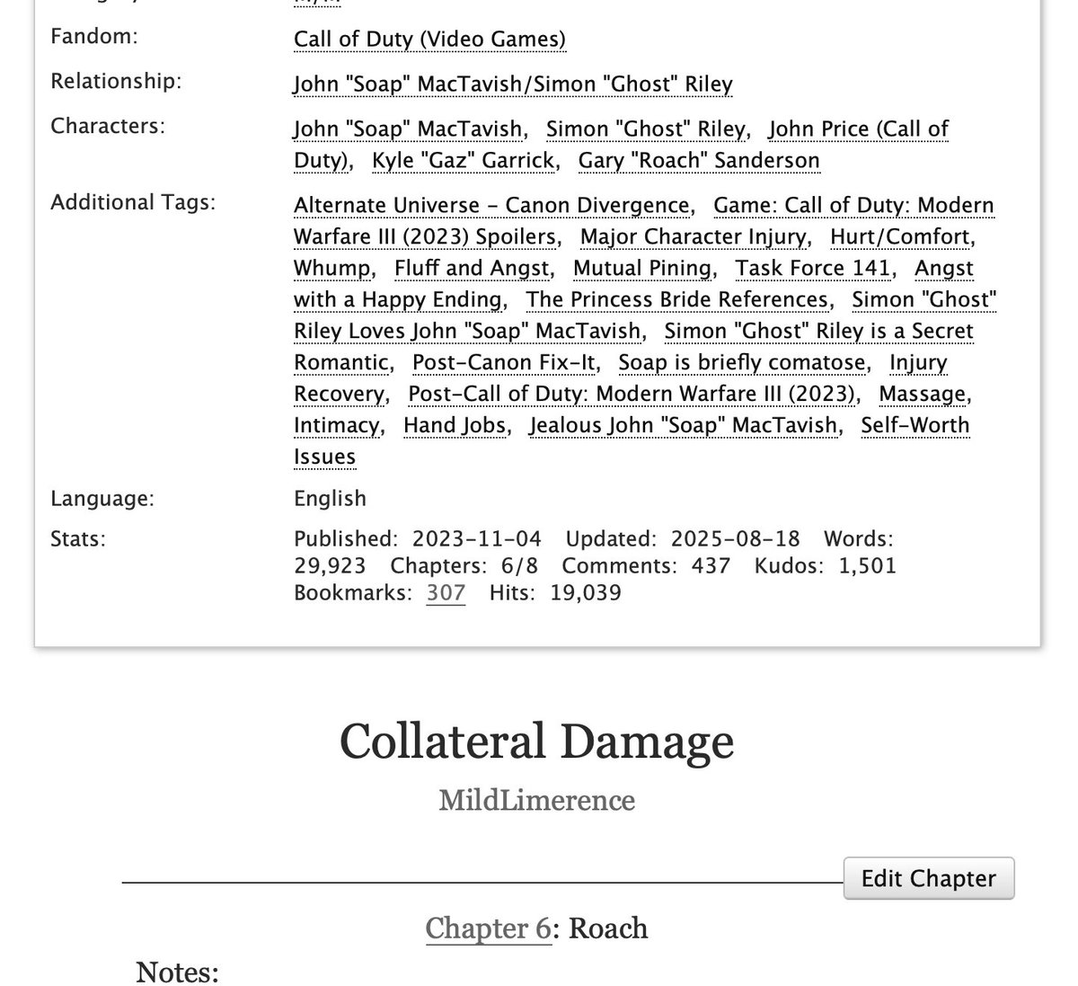 Collateral Damage | Ch 6

Where Roach joins the team, and Soap is totally chill about it. 

archiveofourown.org/works/51354475…