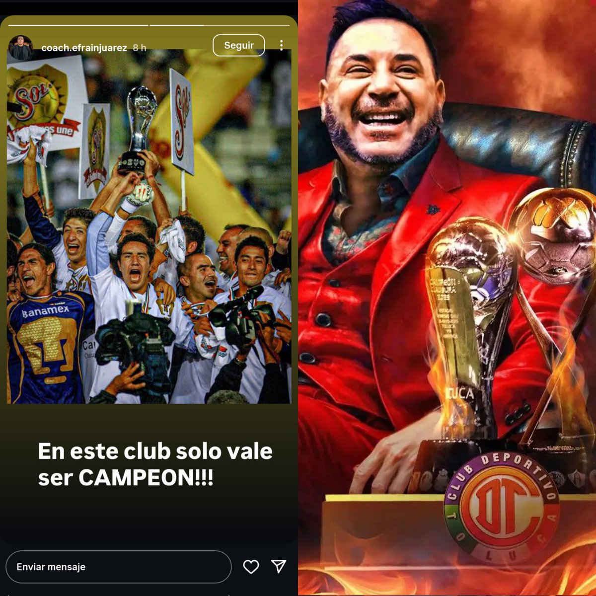 FanDiablo2's tweet photo. Que Toluca forza rivalidades, y el Pndjo de Efraín se ardió porque el Turco le respondió sus declaraciones. El wey menosprecia su plantilla por no tener presupuesto y se pone de Vrguero a decir que en Pumas solo vale ser campeón y el Turco ya ganó un doblete con Toluca. JAJAJA https://t.co/qQUlnPw18p