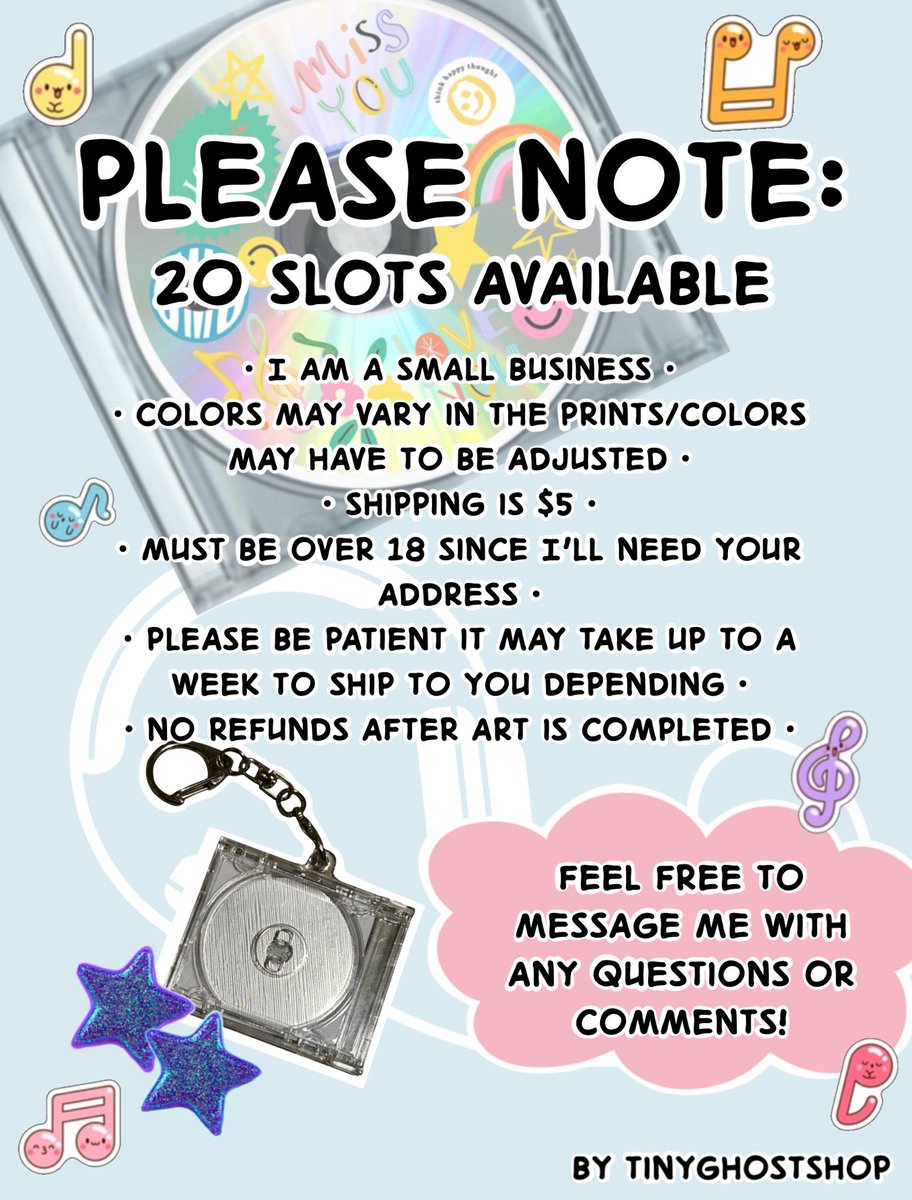 Now accepting orders for Custom CD charms!
Please go to my shop 
ko-fi.com/tinyghostshop/…

#SmallBusiness #customart