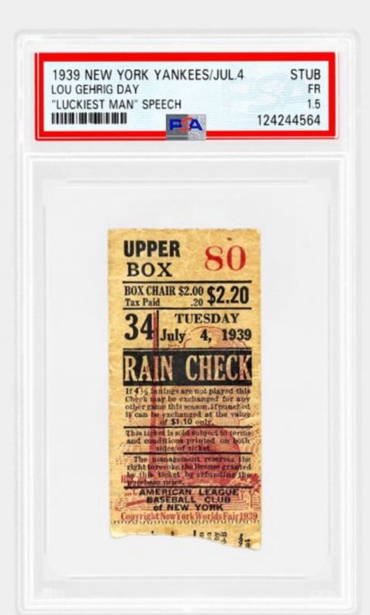 darrenrovell's tweet image. JUST IN: @PSAcard has revealed it has just slabbed the third Gehrig “Luckiest Man” speech ticket.