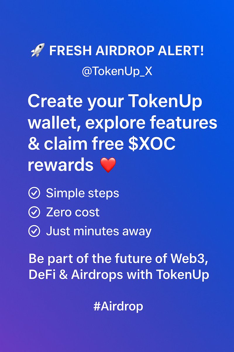 gaboljan607's tweet photo. 🚀 Fresh Airdrop Alert!
@TokenUp_X is rewarding early users 🎉
✅ Create your TokenUp wallet
✅ Explore the features
✅ Claim free $XOC rewards 💎
🔗 Be part of the future of Web3, DeFi & Airdrops with TokenUp.
#Airdrop #DeFi #TokenUpWallet #Web3
@TokenUp_X $XOC https://t.co/hZ0uR3zyl6