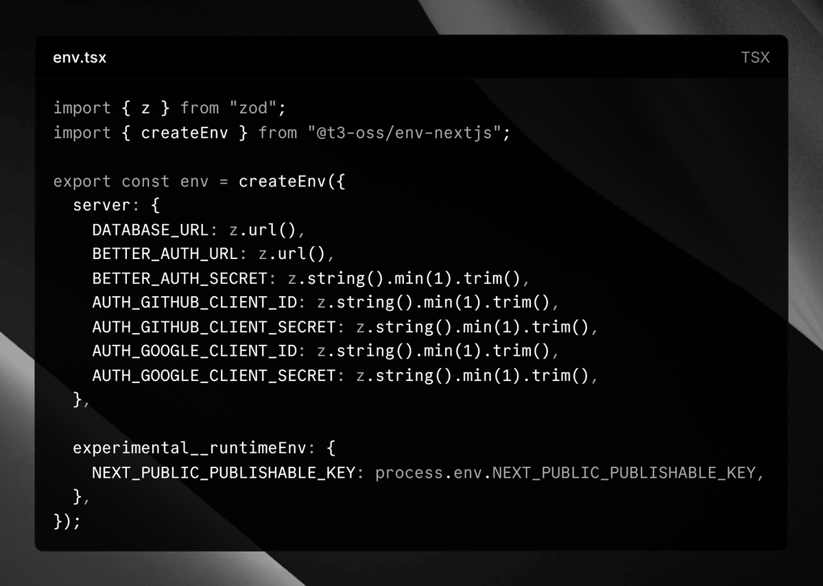 thegobimahato's tweet photo. Loving the type-safety in my env setup with Zod 🚀
t3-oss makes it super easy to handle both server & client vars without the headache.
#TypeSafety #Zod #Nextjs #WebDev #100DaysOfCode https://t.co/uQBOlagicf