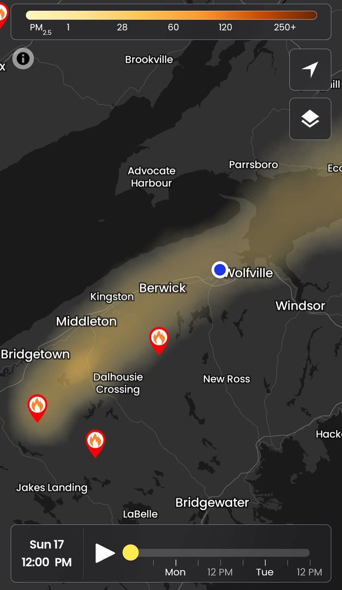 Smoke from 
Annapolis County wildfires is drifting through Kings County.
If you see a heavy haze or smell smoke, but don't see an obvious source, it's likely from those fires. 

If there is a column of smoke from a single area or obvious source, or you see flames, call 911.